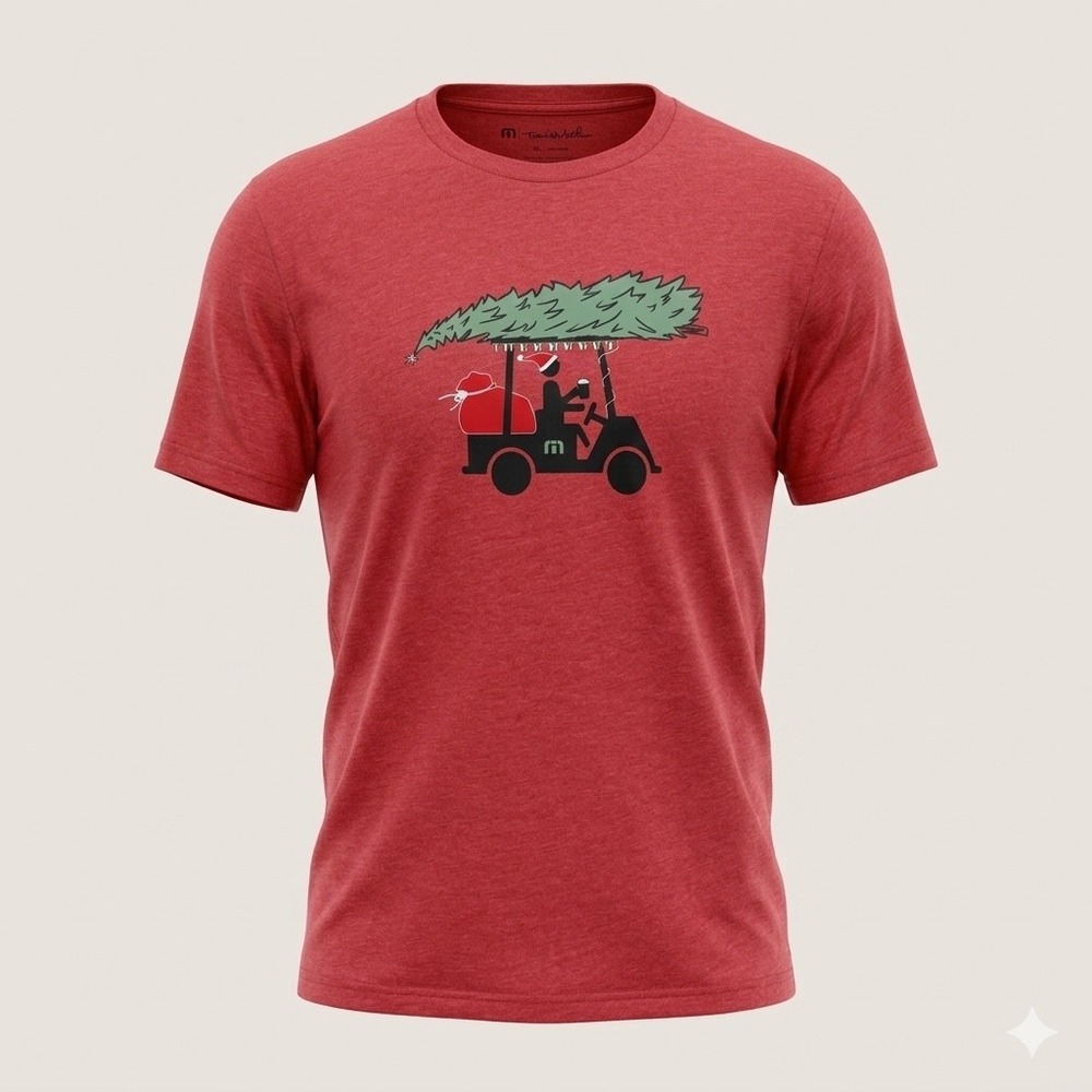 Travis Mathew Christmas‎ Tee Mens XL Red Golf Cart Tree Funny Graphic EUC